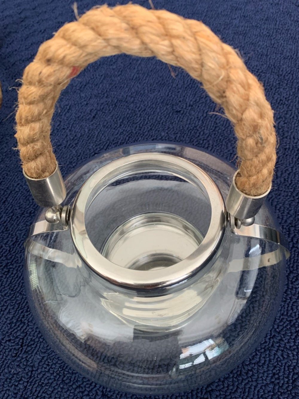 Clear Glass & Chrome Patio Lantern Candle Holder Natural Rope Handle